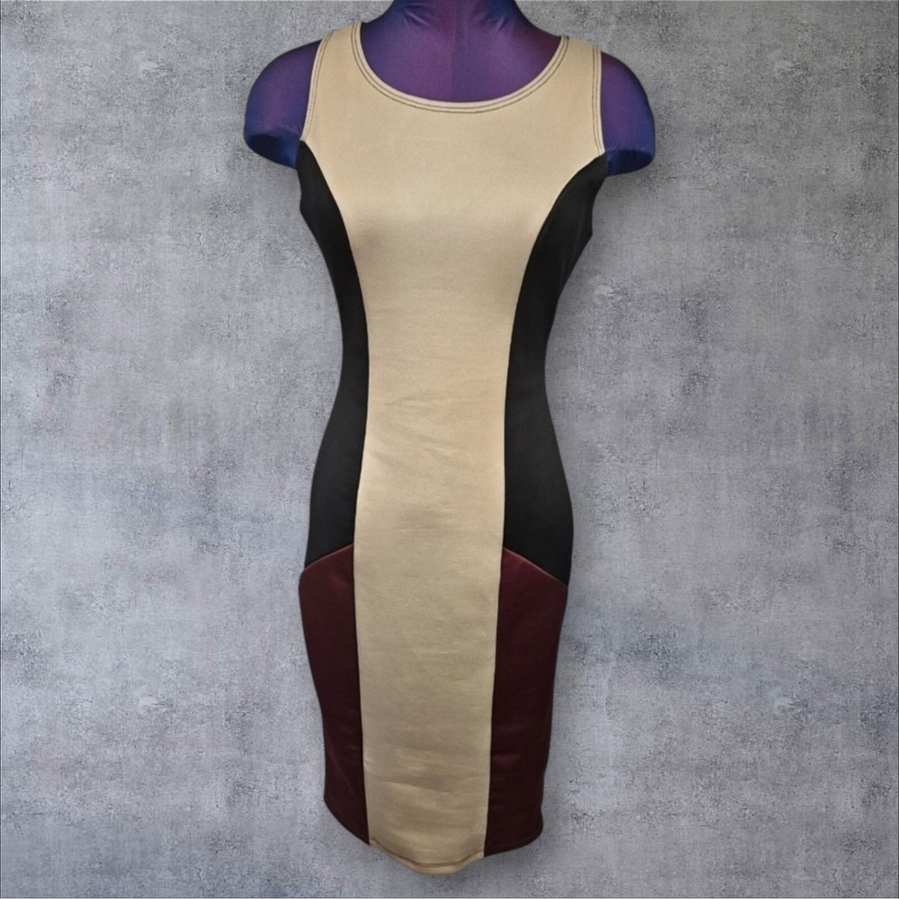 Venus Tan & Maroon Colorblock Bodycon Knee Length Dress‎ Size XS Women's B8